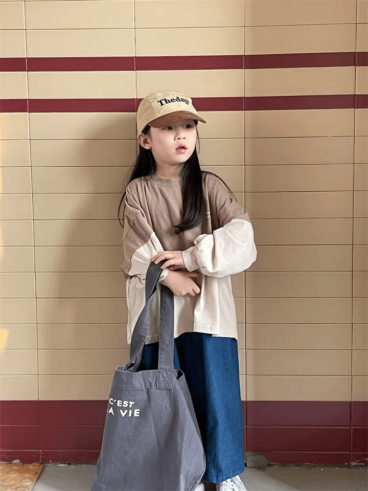 2023 children's Korean color contrast long skirt round neck sweater boy's and girl's children's T-shirt