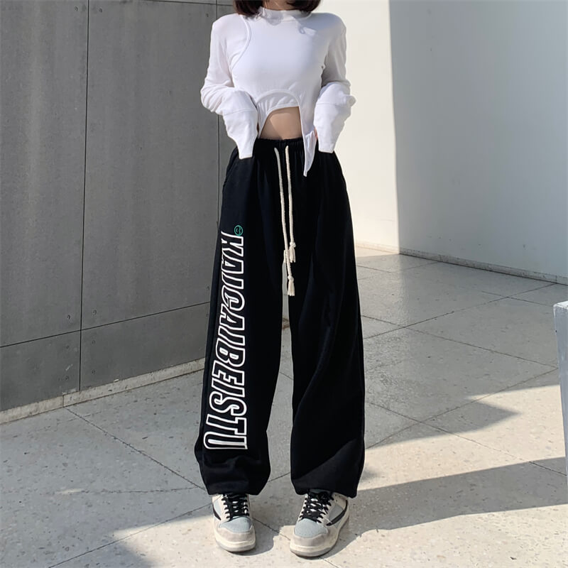 2023 New Arrivals Chic Design Fashion Graphic Joggers Women High Waist Drawstring Long Pants With Graffiti Streetwear