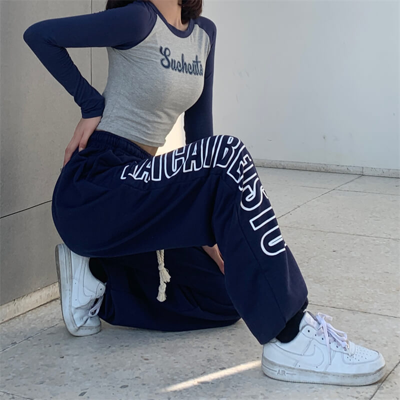 2023 New Arrivals Chic Design Fashion Graphic Joggers Women High Waist Drawstring Long Pants With Graffiti Streetwear