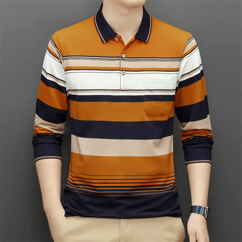 Autumn Men's POLO Shirt Long Sleeve New Business Dad Wear Striped Middle-aged Lapel Cotton Bottom Shirt Wholesale