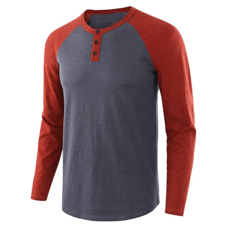 Casual Men Pullover Cotton T Shirts Autumn O Neck Long Sleeve Color Block Buttons T-Shirts Tops Men's Clothing