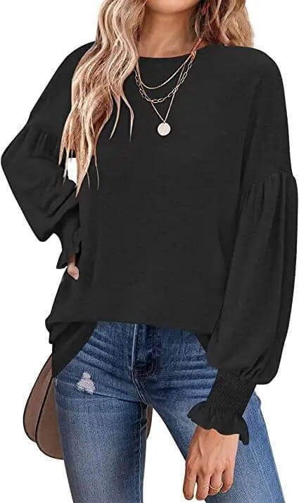 Women's 2023 Causal Long Balloon Sleeve Shirts Tops Crewneck Smocked Cuffs Loose Blouse