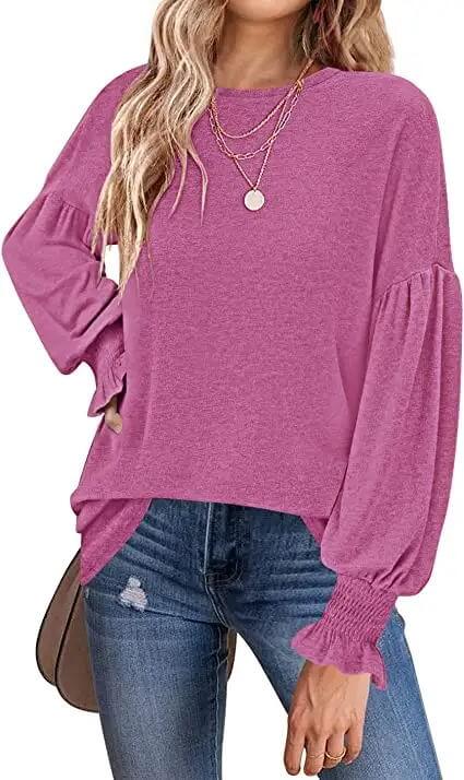 Women's 2023 Causal Long Balloon Sleeve Shirts Tops Crewneck Smocked Cuffs Loose Blouse