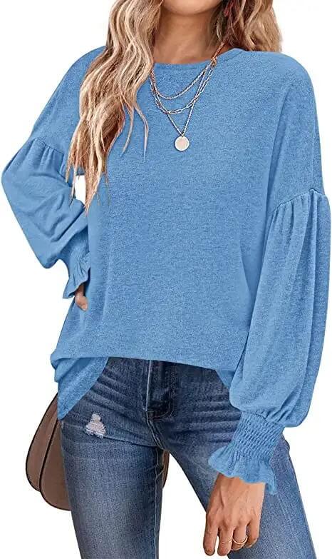 Women's 2023 Causal Long Balloon Sleeve Shirts Tops Crewneck Smocked Cuffs Loose Blouse