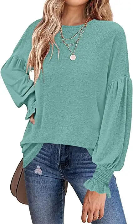 Women's 2023 Causal Long Balloon Sleeve Shirts Tops Crewneck Smocked Cuffs Loose Blouse