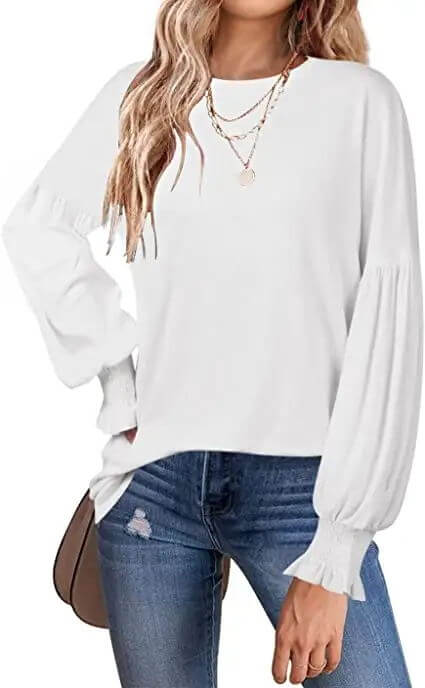 Women's 2023 Causal Long Balloon Sleeve Shirts Tops Crewneck Smocked Cuffs Loose Blouse