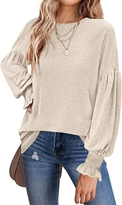 Women's 2023 Causal Long Balloon Sleeve Shirts Tops Crewneck Smocked Cuffs Loose Blouse