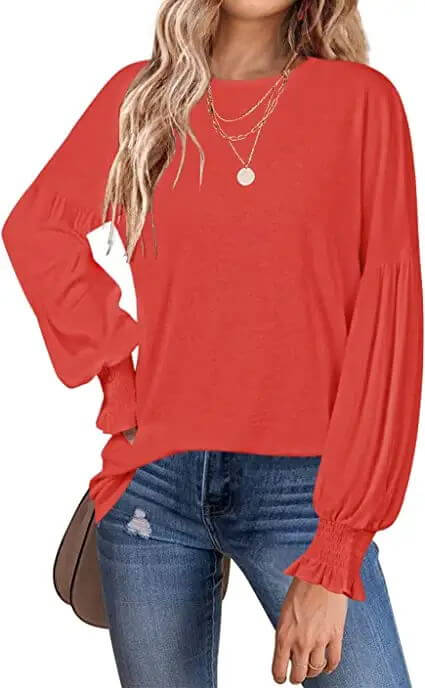 Women's 2023 Causal Long Balloon Sleeve Shirts Tops Crewneck Smocked Cuffs Loose Blouse