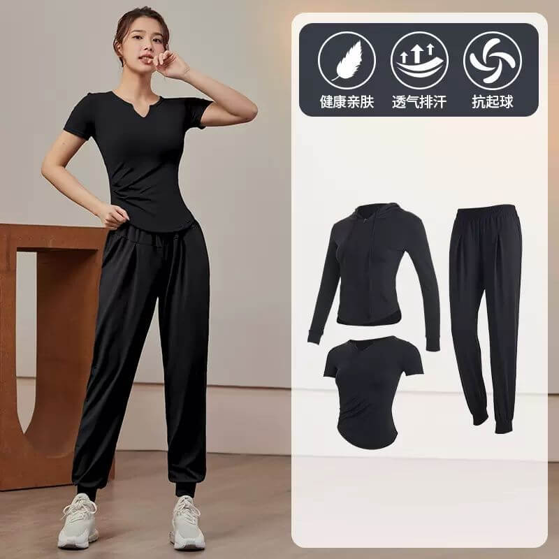 Soft active sport wear women set lightweight T-shirt windproof jacket women quick drying breathable slimming fitness set of 3