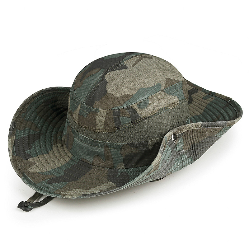 Custom Logo Camo Drawstring Sunshade Casual Wide Brim Breathable Versatile Outdoor Fisherman Bucket Hats