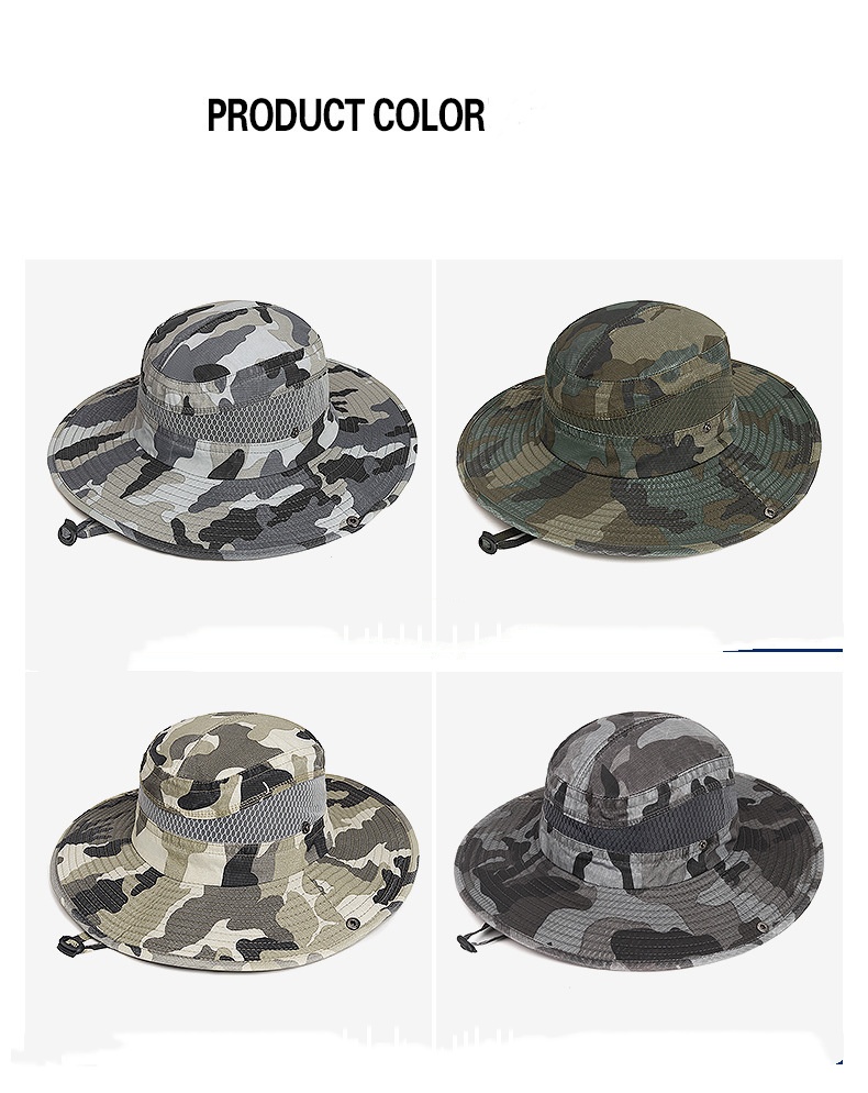 Custom Logo Camo Drawstring Sunshade Casual Wide Brim Breathable Versatile Outdoor Fisherman Bucket Hats