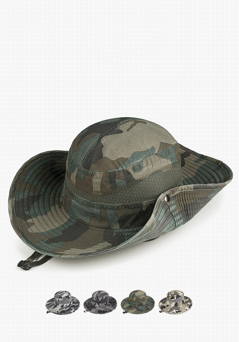 Custom Logo Camo Drawstring Sunshade Casual Wide Brim Breathable Versatile Outdoor Fisherman Bucket Hats