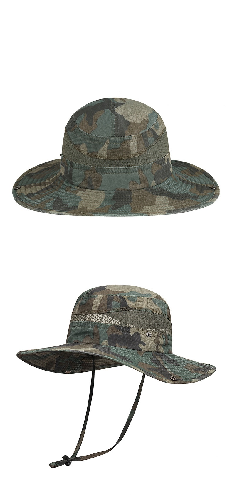 Custom Logo Camo Drawstring Sunshade Casual Wide Brim Breathable Versatile Outdoor Fisherman Bucket Hats