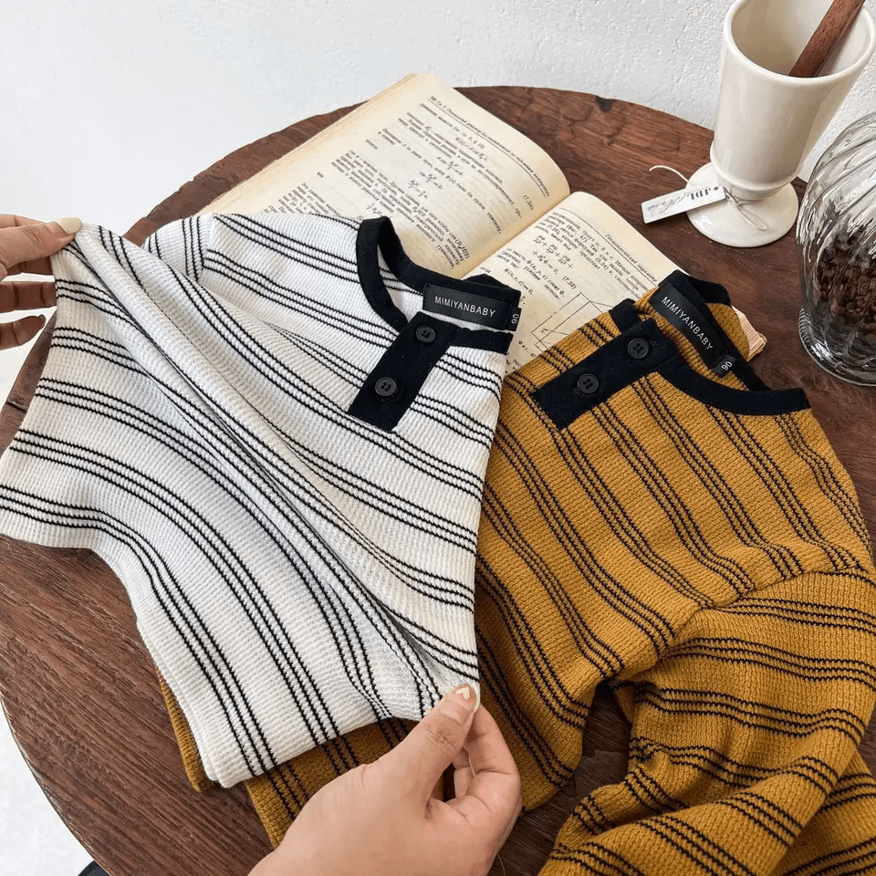 Children's long sleeve T-shirt 2023 fall new boy and girl stretch stripe T-shirt baby crewneck polo shirt