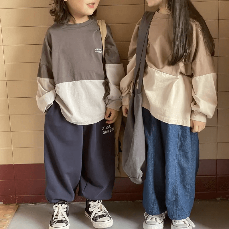 2023 children's Korean color contrast long skirt round neck sweater boy's and girl's children's T-shirt