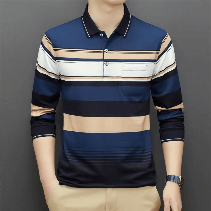 Autumn Men's POLO Shirt Long Sleeve New Business Dad Wear Striped Middle-aged Lapel Cotton Bottom Shirt Wholesale