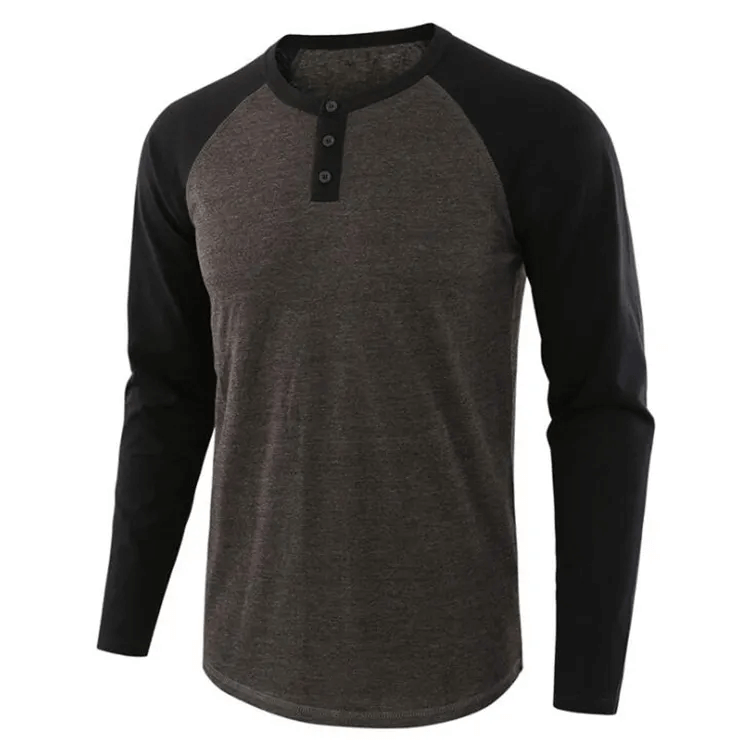 Casual Men Pullover Cotton T Shirts Autumn O Neck Long Sleeve Color Block Buttons T-Shirts Tops Men's Clothing