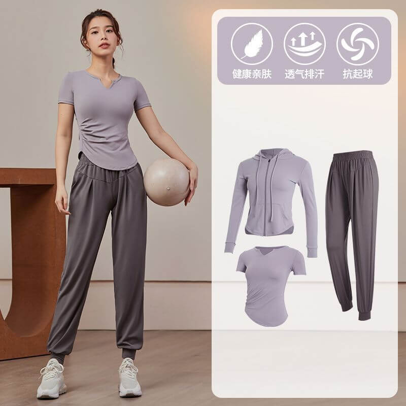 Soft active sport wear women set lightweight T-shirt windproof jacket women quick drying breathable slimming fitness set of 3