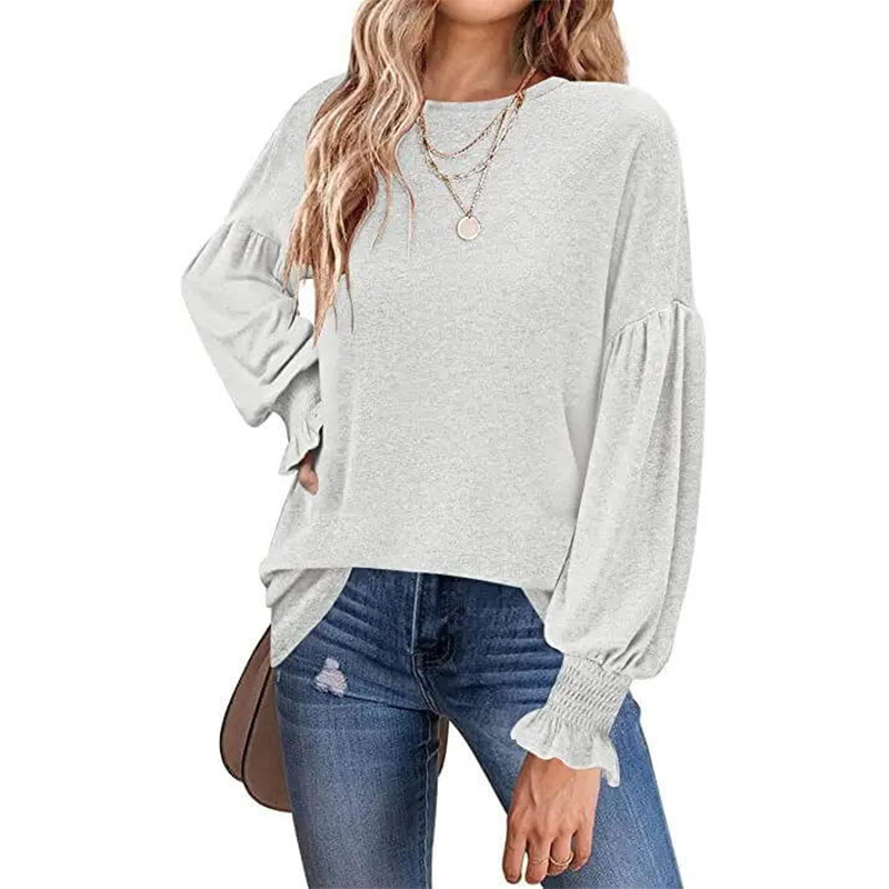 Women's 2023 Causal Long Balloon Sleeve Shirts Tops Crewneck Smocked Cuffs Loose Blouse