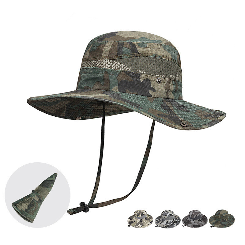 Camo Drawstring Sunshade Casual Wide Brim Breathable  Outdoor Fisherman Bucket Hats